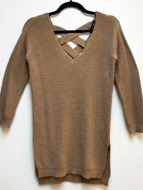 Ambiance V-Neck Longline Sweater with Crisscross Back - Tan
